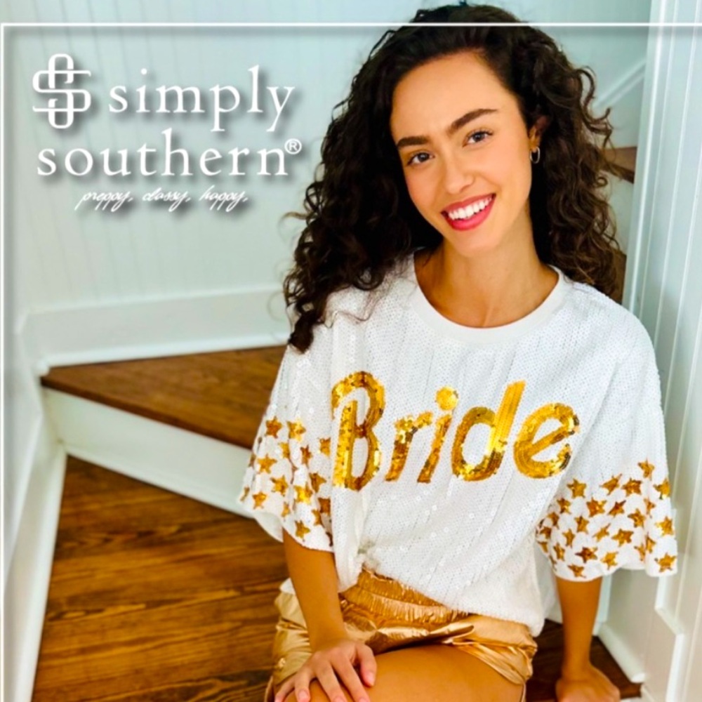 NEW Simply Southern shimmery sequin BRIDE bachelorette party White & Gold L NWT